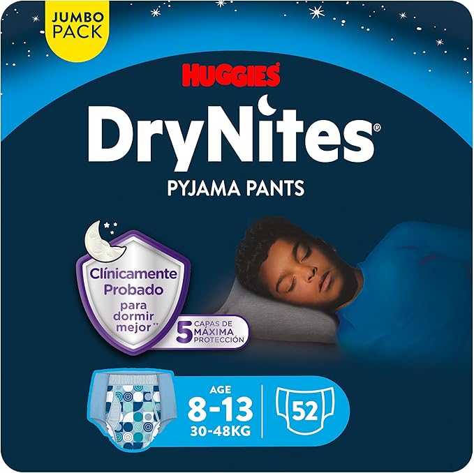 Huggies DryNites Cuecas Absorventes para crianças, com 5 camadas de proteção máxima e design discreto, mantendo a criança seca e confortável durante a noite toda.